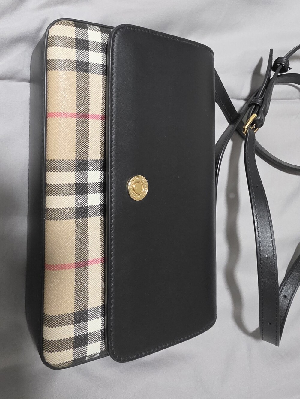 Burberry "New Hampshire" Vintage Check Canvas Black Leather Crossbody Bag